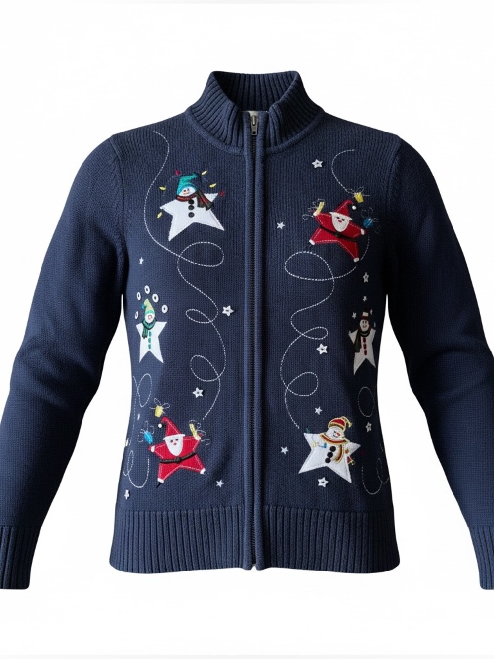 Christopher & Banks Snowman and Star Embroidered Zip Front Holiday Cardigan Blue